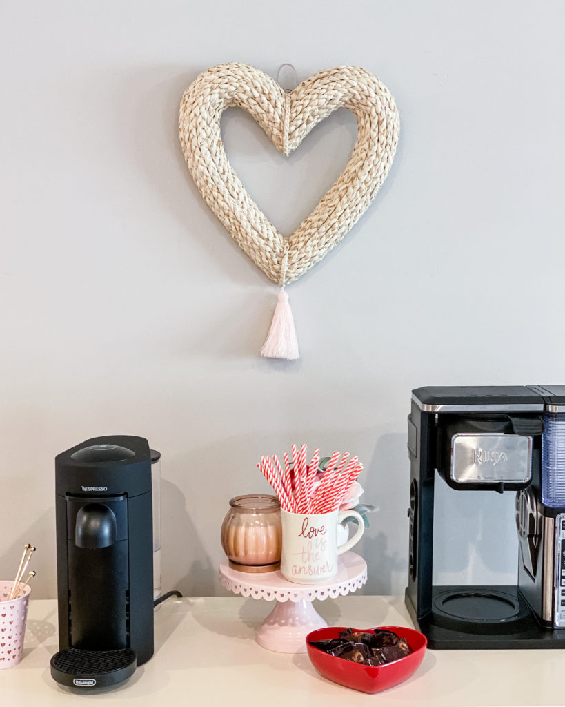 Valentines Day Themed Coffee Bar | www.tamelad.com #coffeebarideas #valentinesdaycoffeebar #valentinesdaycoffeebardecor #coffeebardecor #coffeebardecorideas