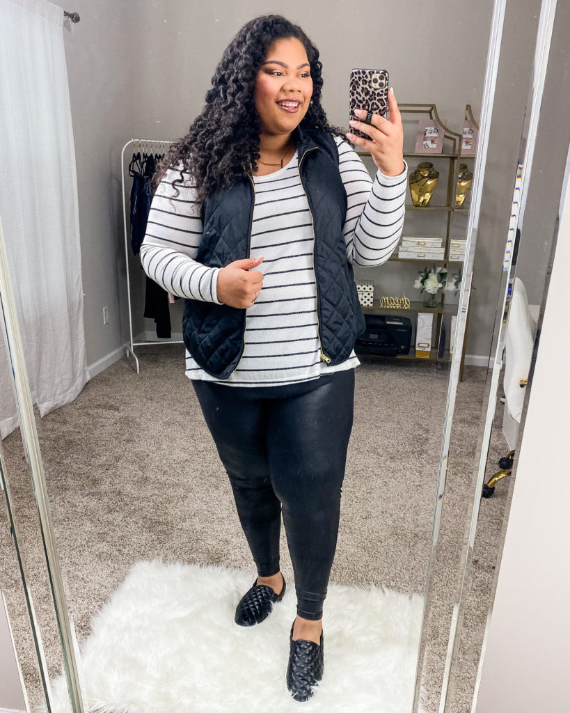 Plus Size Fashion - How To Style Faux Leather Leggings | www.tamelad.com #howtostylefauxleatherleggings #fauxleatherleggingsoutfit #fauxleatherleggings #spanxleatherleggingsoutfit #spanxleatherleggings #plussizetryonhaul #plussizespringfashion #plussizefashion #plussizeoutfits