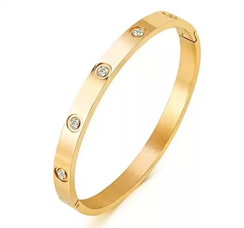 A D. ALLEN & DANMI. AD Jewelry 18 K Gold Plated Love Bangle Bracelet with Rose Box Stone Stainless Steel Bangle
